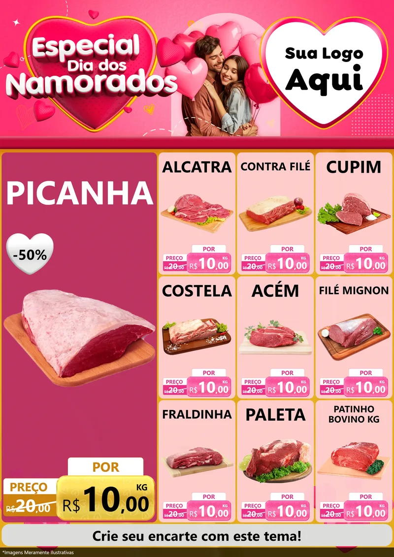 Modelo de Encarte para Encarte A4 Vertical com o tema Especial Dia dos Namorados para Açougue