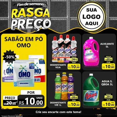 Modelo de Rede Social para Feed Facebook com o tema Fim de Semana Rasga Preço para Produtos de Limpeza