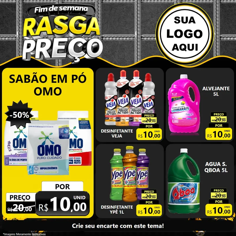 Modelo de Rede Social para Feed Facebook com o tema Fim de Semana Rasga Preço para Produtos de Limpeza