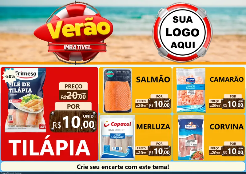 Modelo de Encarte para Encarte A4 Horizontal com o tema Verão Imbatível para Peixaria