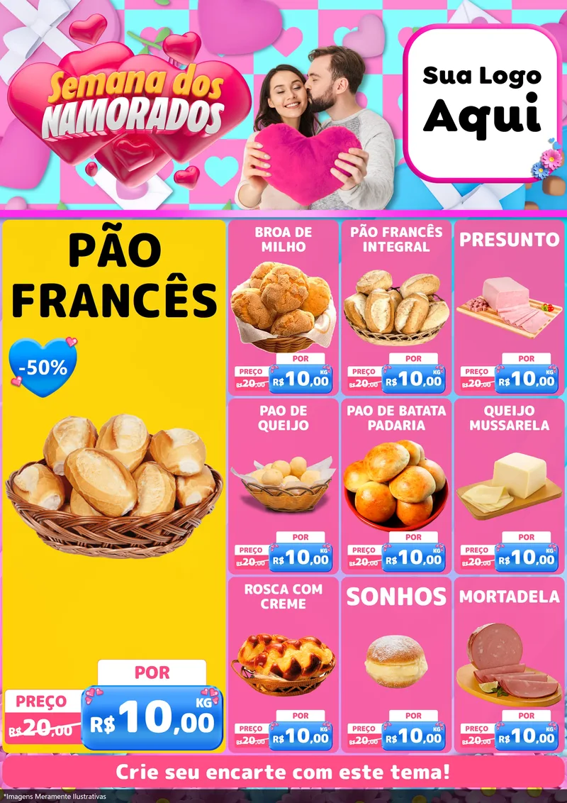 Modelo de Encarte para Encarte A4 Vertical com o tema Semana dos Namorados para Padaria