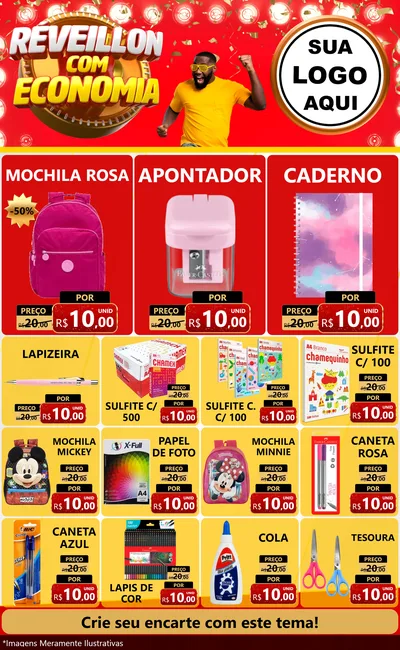 Modelo de Encarte para Encarte Grande com o tema Réveillon com Economia para Papelaria