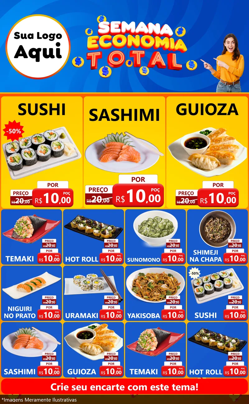 Modelo de Encarte para Encarte Grande com o tema Semana Economia Total para Comida japonesa