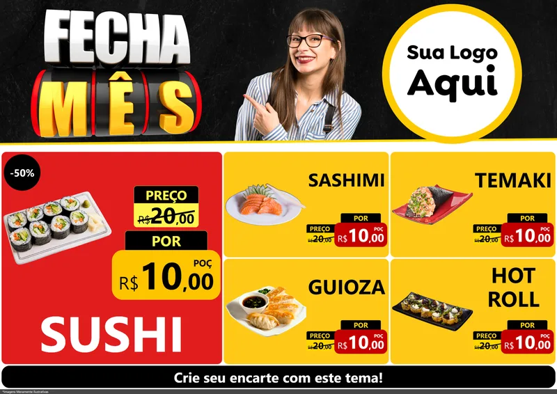 Modelo de Encarte para Encarte A4 Horizontal com o tema Fecha Mês para Comida japonesa