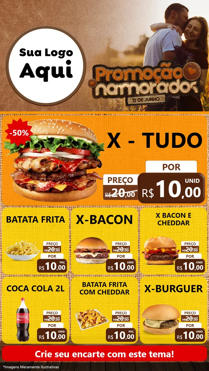 Modelo de Rede Social para Stories com o tema Promoção Namorados para Hamburgueria
