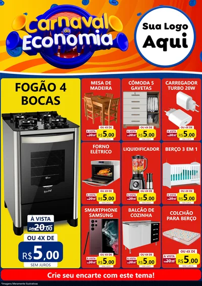 Modelo de Encarte para Encarte A4 Vertical com o tema Carnaval da Economia para Móveis e Eletro
