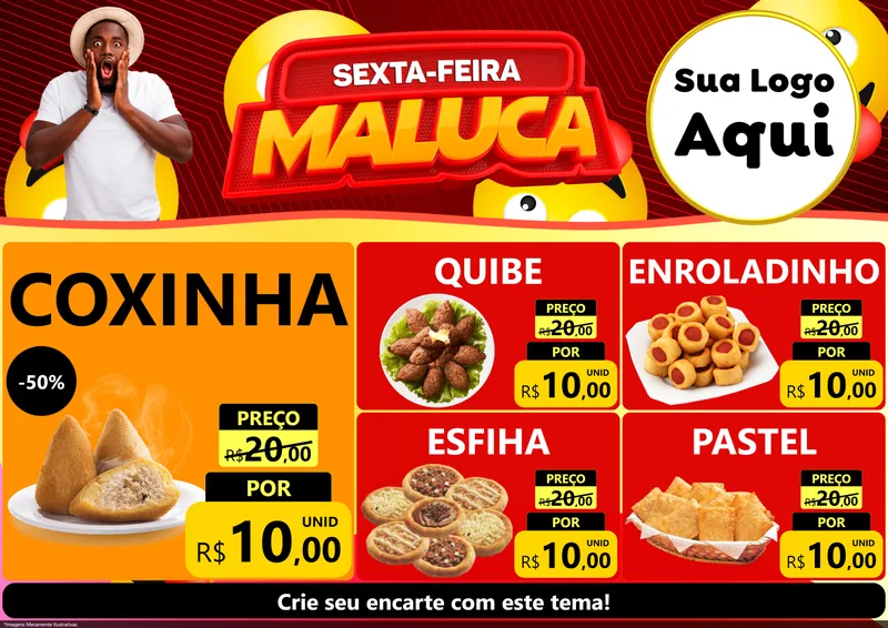 Modelo de Encarte para Encarte A4 Horizontal com o tema Sexta-feira Maluca para Salgadaria