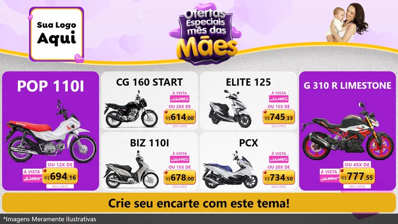 Modelo de TV para TV Horizontal com o tema Ofertas Especiais - Mês das Mães para Concessionaria de Motos