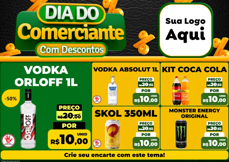 Modelo de Encarte para Encarte A4 Horizontal com o tema Dia do Comerciante com Descontos para Distribuidora de bebidas