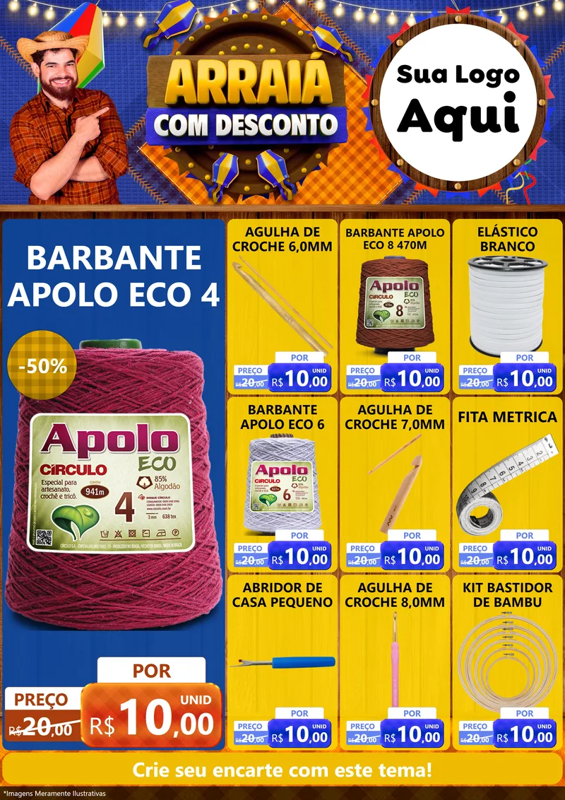 Modelo de Encarte para Encarte A4 Vertical com o tema Arraiá Com Desconto para Armarinho e Aviamentos