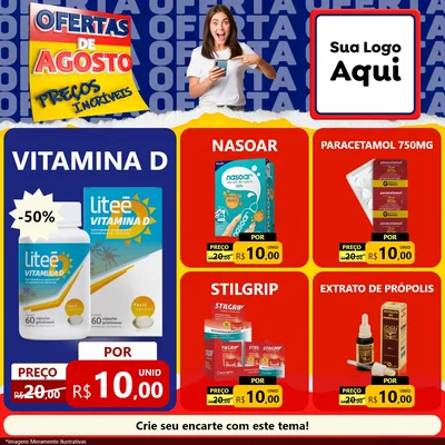 Modelo de Rede Social para Feed Facebook com o tema Ofertas de Agosto - Preços Incríveis para Farmácia