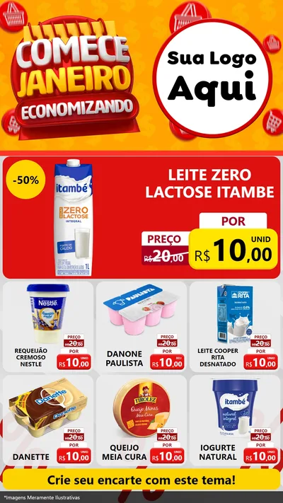 Modelo de Rede Social para Stories com o tema Comece Janeiro Economizando para Frios e Laticínios