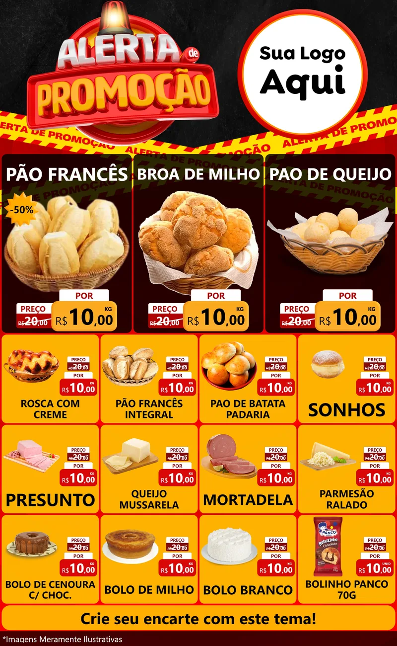 Modelo de Encarte para Encarte Grande com o tema Alerta de Promoção para Padaria