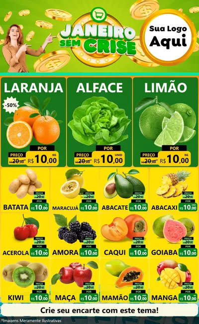 Modelo de Encarte para Encarte Grande com o tema Janeiro Sem Crise para Hortifrúti