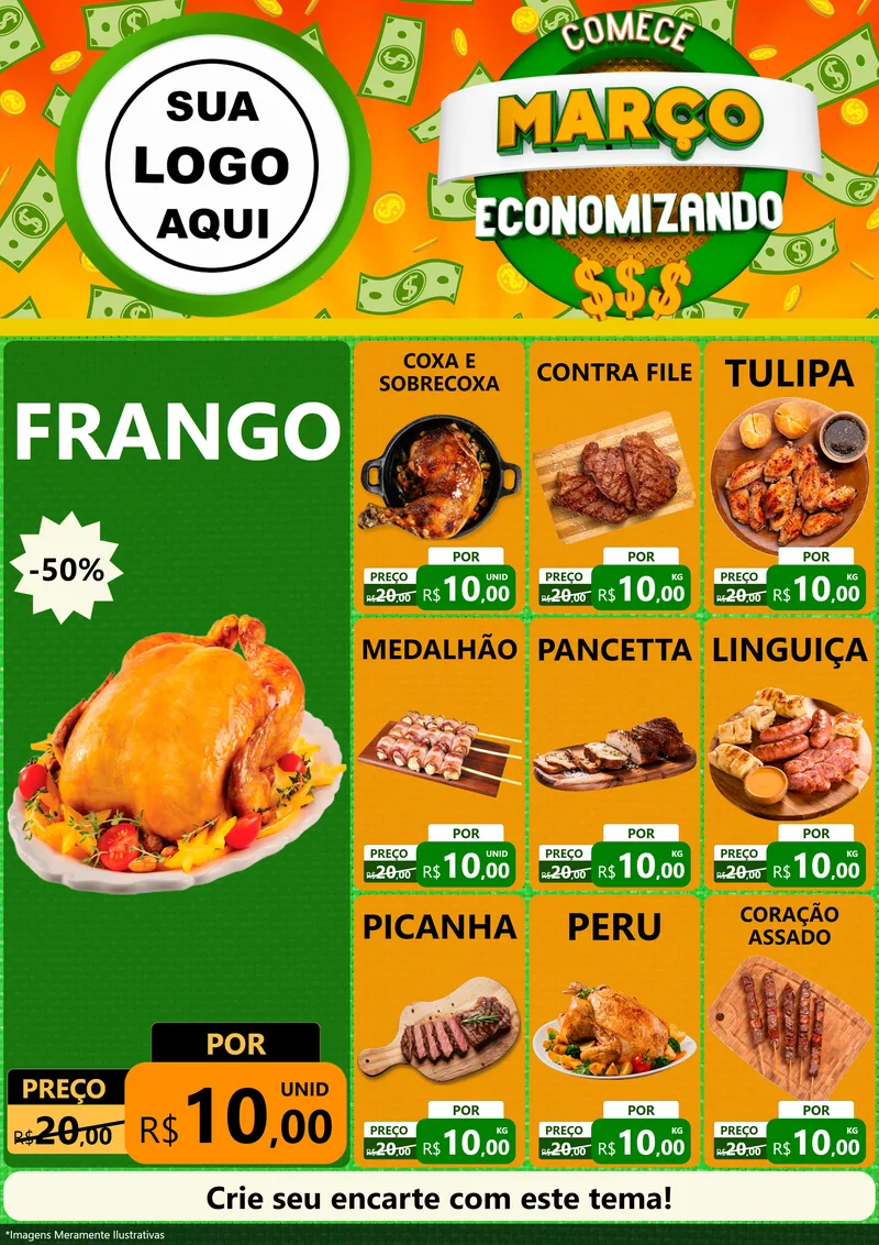 Modelo de Encarte para Encarte A4 Vertical com o tema Comece Março Economizando para Assados