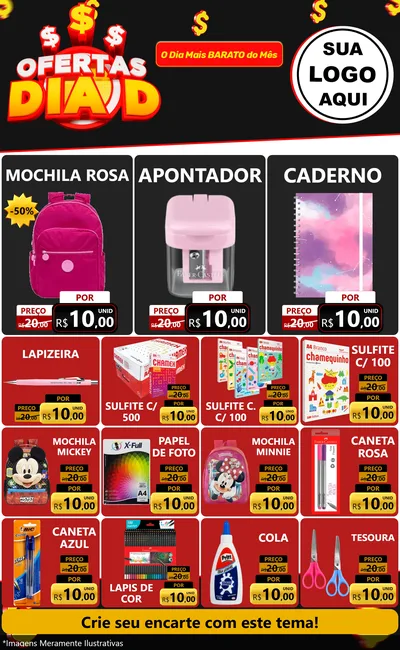 Modelo de Encarte para Encarte Grande com o tema Ofertas Dia D para Papelaria
