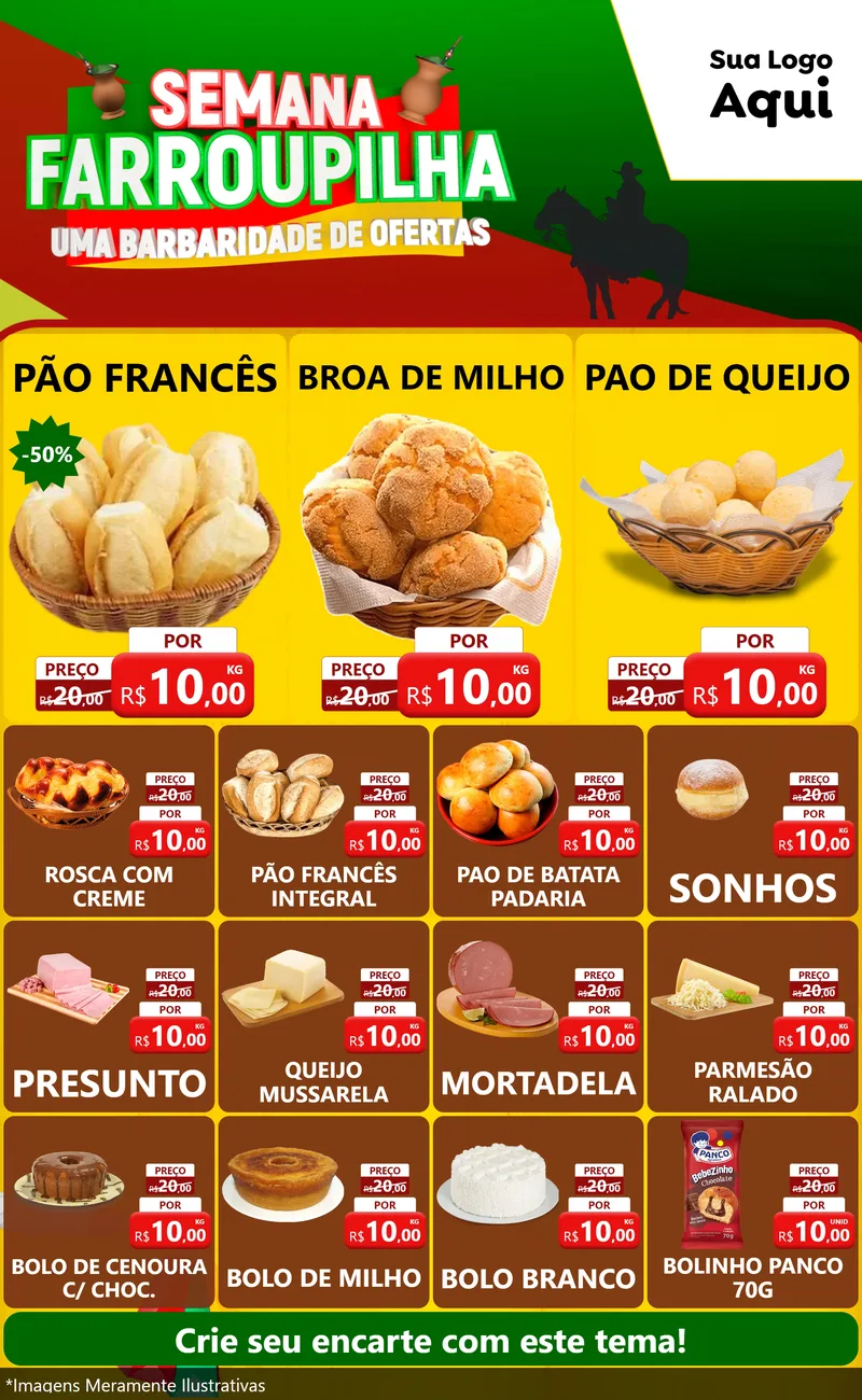 Modelo de Encarte para Encarte Grande com o tema Semana Farroupilha - Uma Barbaridade de Ofertas para Padaria
