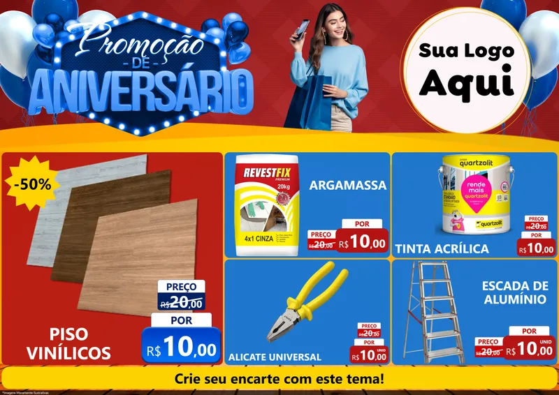 Modelo de Encarte para Encarte A4 Horizontal com o tema Promoção de Aniversário para Material para Construção