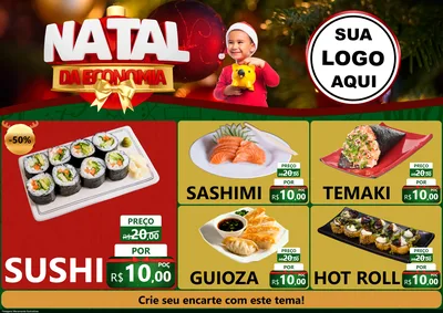 Modelo de Encarte para Encarte A4 Horizontal com o tema Natal da Economia para Comida japonesa