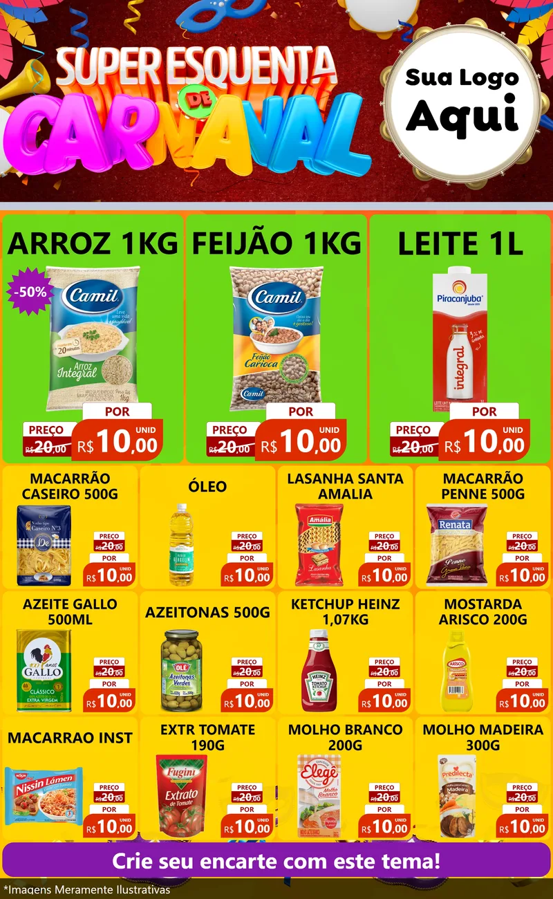 Modelo de Encarte para Encarte Grande com o tema Super Esquenta de Carnaval para Supermercado