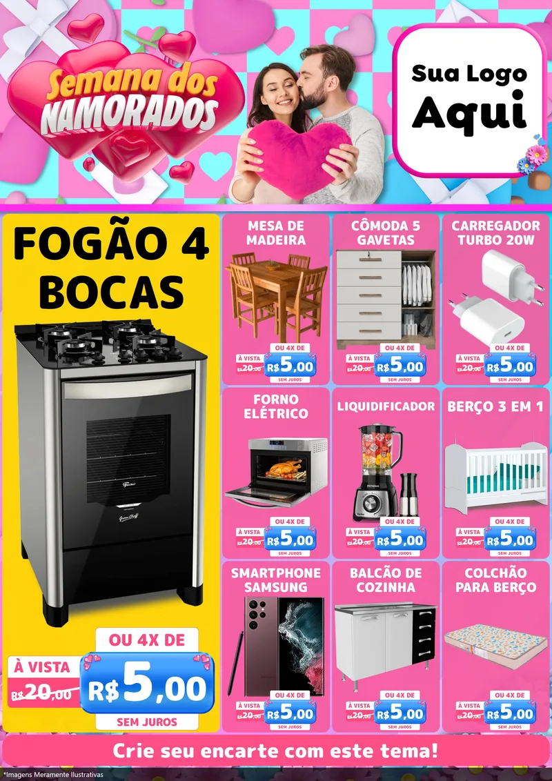 Modelo de Encarte para Encarte A4 Vertical com o tema Semana dos Namorados para Móveis e Eletro