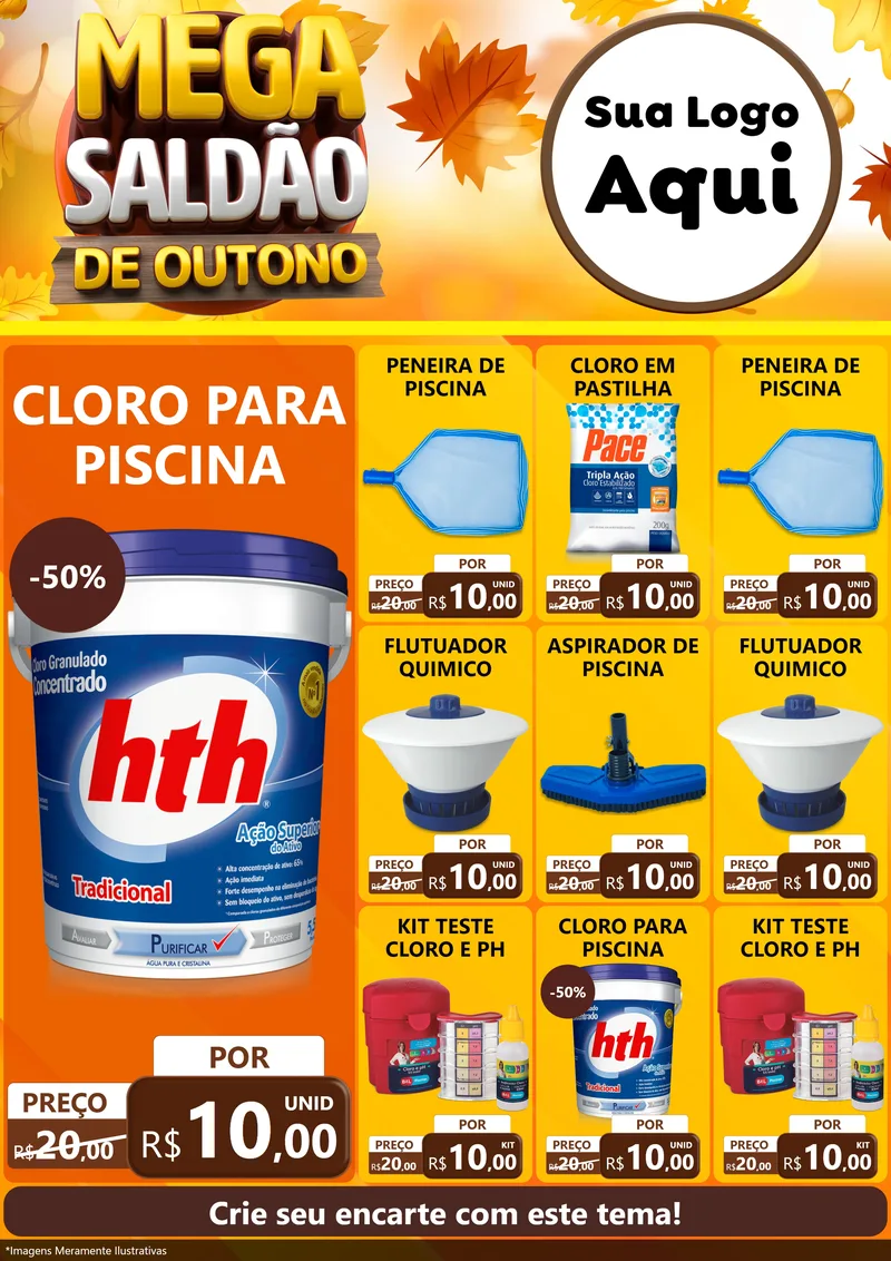 Modelo de Encarte para Encarte A4 Vertical com o tema Mega Saldão de Outono para Produtos para Piscina