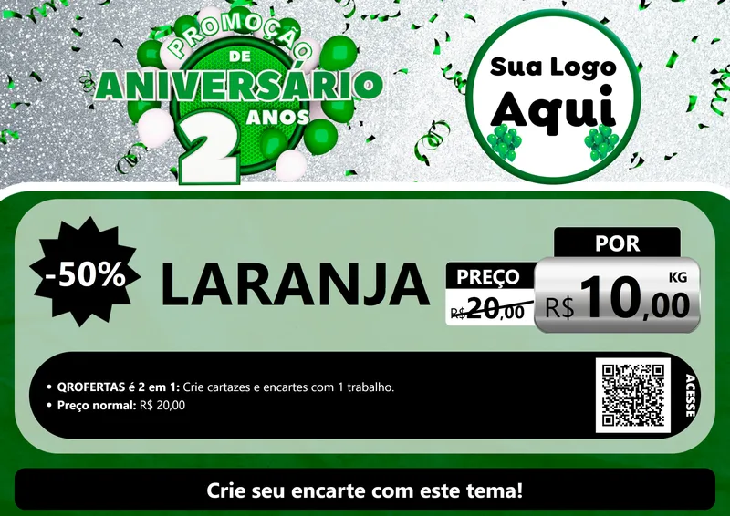 Modelo de Cartaz para Cartaz A4 Horizontal com o tema Promoção de Aniversário - 2 Anos para Hortifrúti