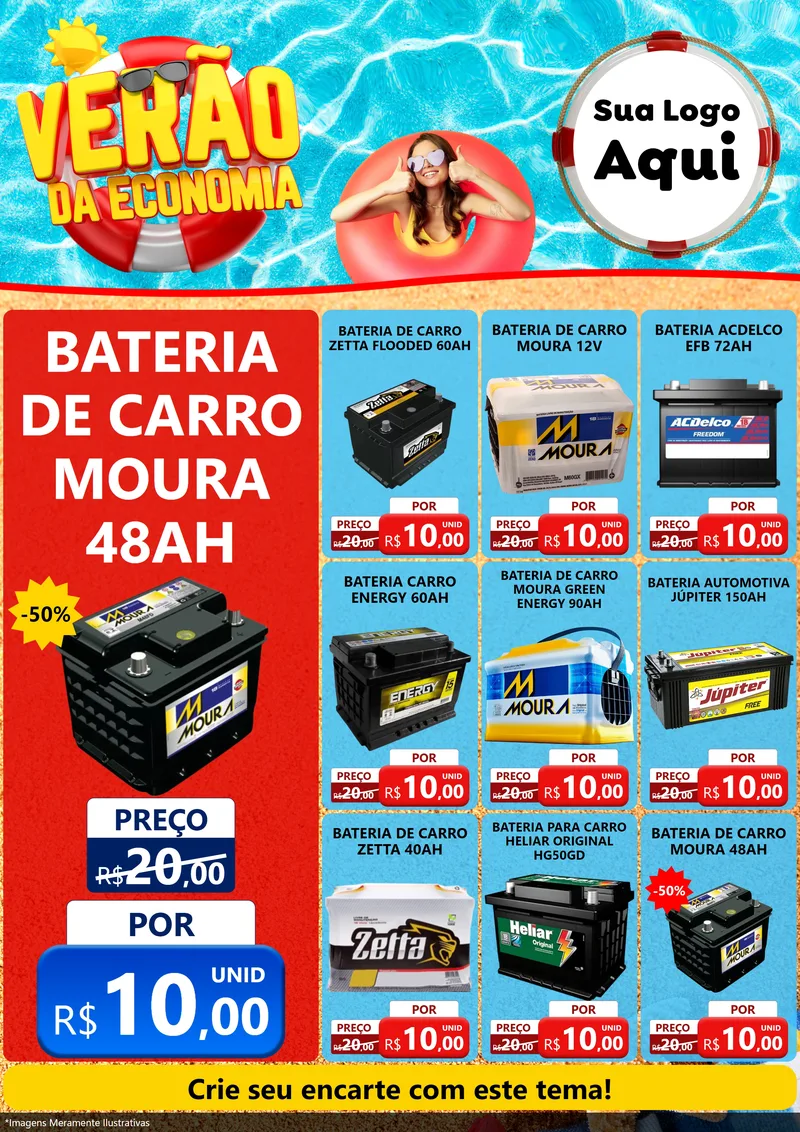 Modelo de Encarte para Encarte A4 Vertical com o tema Verão da Economia para Baterias Elétricas