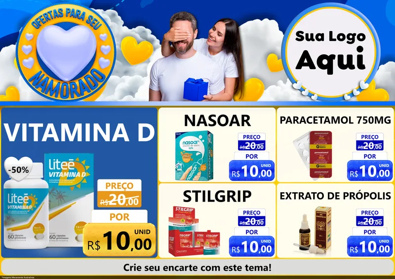 Modelo de Encarte para Encarte A4 Horizontal com o tema Ofertas Para Seu Namorado para Farmácia