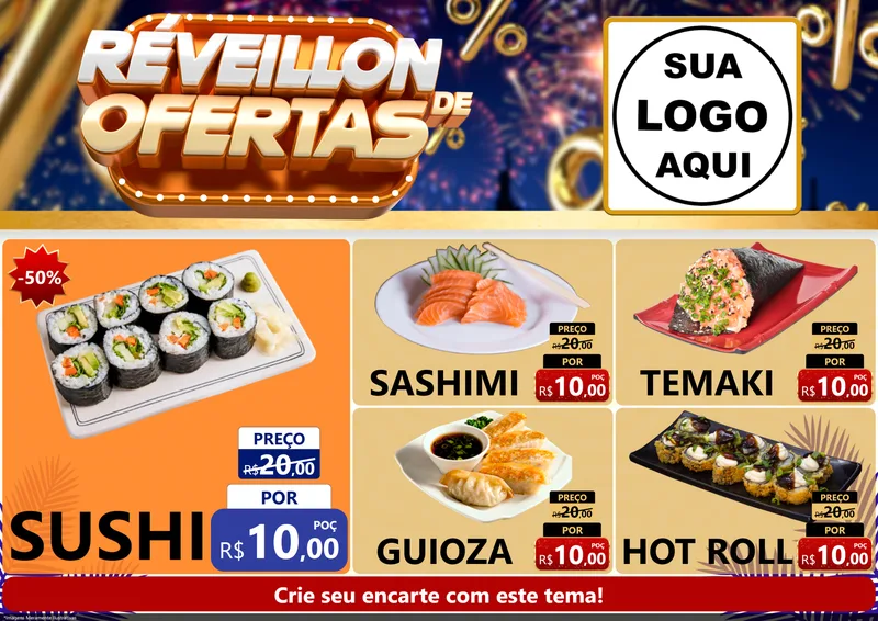 Modelo de Encarte para Encarte A4 Horizontal com o tema Réveillon de Ofertas para Comida japonesa