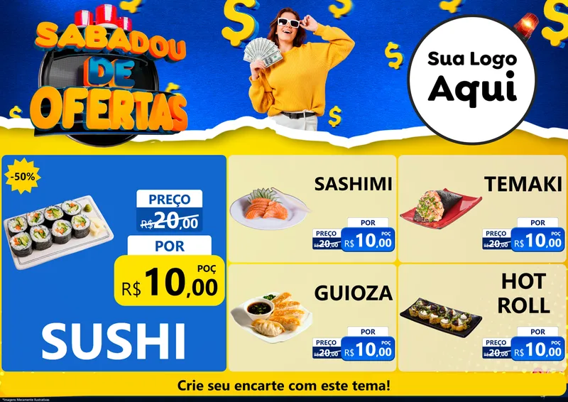 Modelo de Encarte para Encarte A4 Horizontal com o tema Sabadou de Ofertas para Comida japonesa