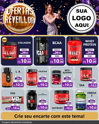 Modelo de Rede Social para Feed Instagram com o tema Ofertas de Réveillon para Suplementos alimentares