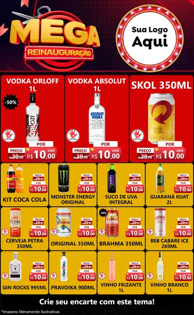 Modelo de Encarte para Encarte Grande com o tema Mega Reinauguração para Distribuidora de bebidas