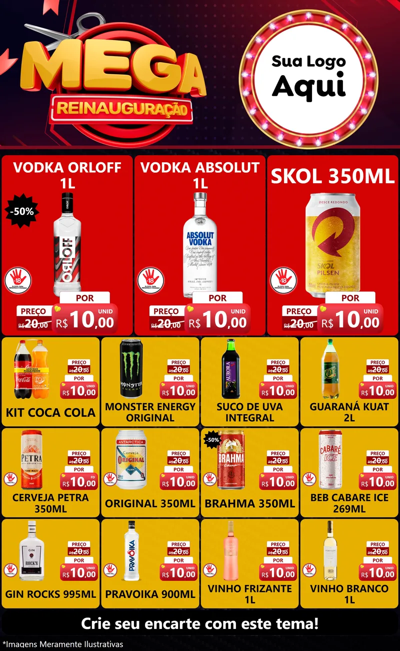 Modelo de Encarte para Encarte Grande com o tema Mega Reinauguração para Distribuidora de bebidas