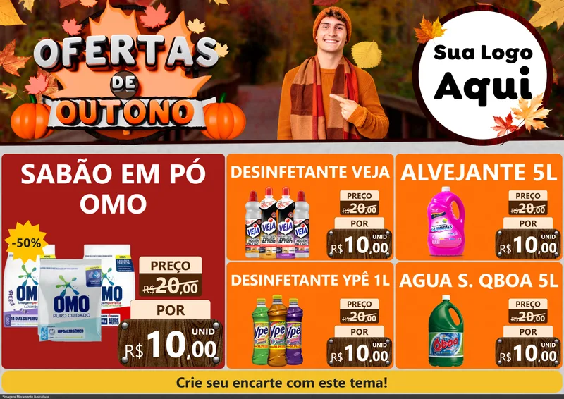 Modelo de Encarte para Encarte A4 Horizontal com o tema Ofertas de Outono para Produtos de Limpeza