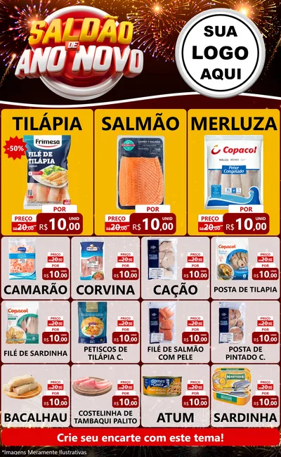 Modelo de Encarte para Encarte Grande com o tema Saldão de Ano Novo para Peixaria