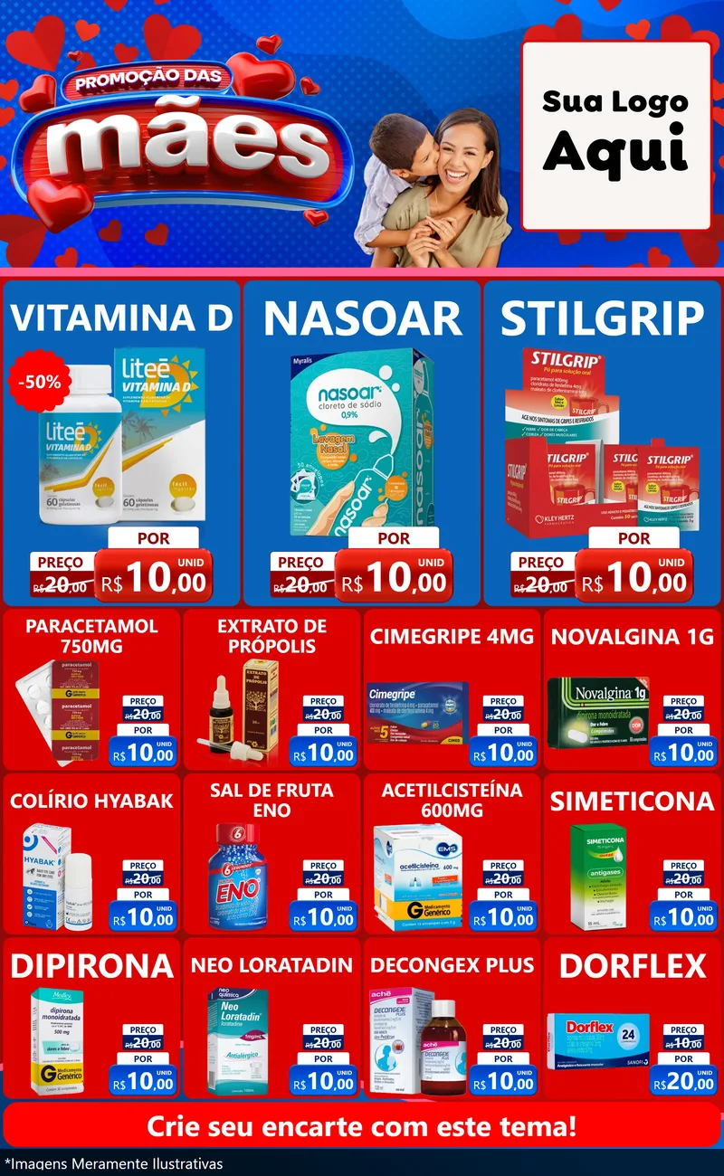 Modelo de Encarte para Encarte Grande com o tema Promoção das Mães para Farmácia