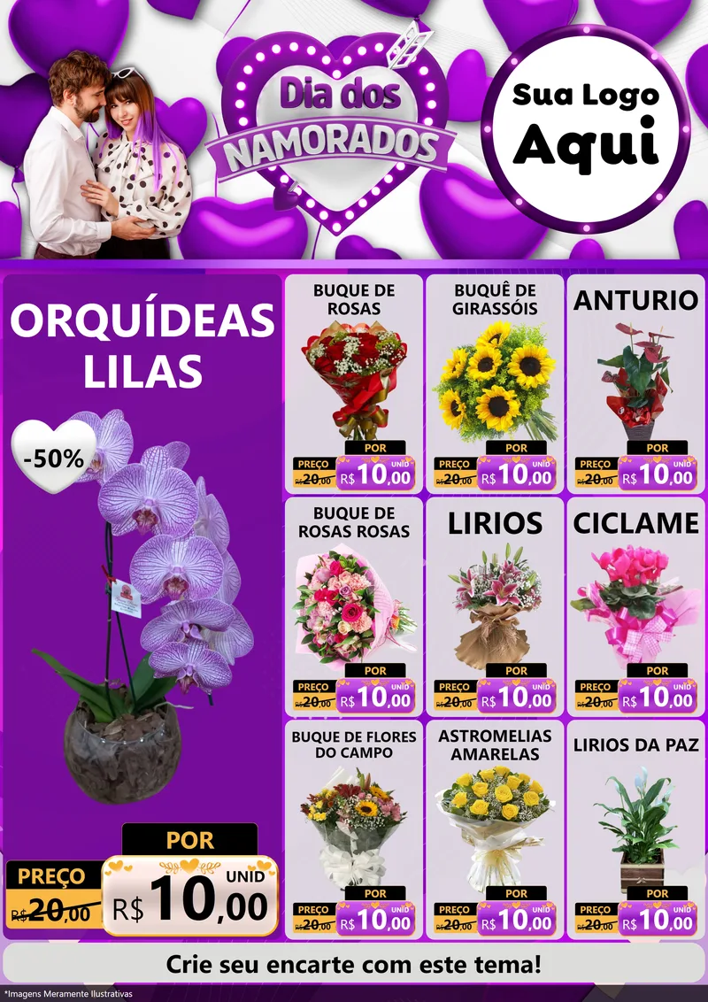 Modelo de Encarte para Encarte A4 Vertical com o tema Dia dos Namorados para Floricultura e jardim