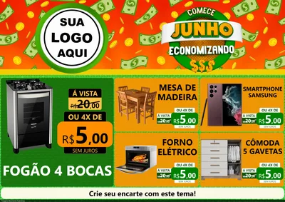 Modelo de Encarte para Encarte A4 Horizontal com o tema Comece Junho Economizando para Móveis e Eletro