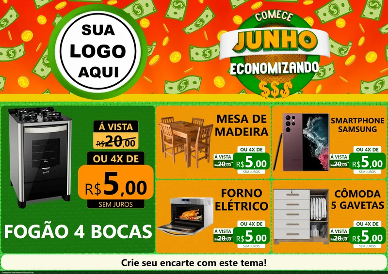 Modelo de Encarte para Encarte A4 Horizontal com o tema Comece Junho Economizando para Móveis e Eletro
