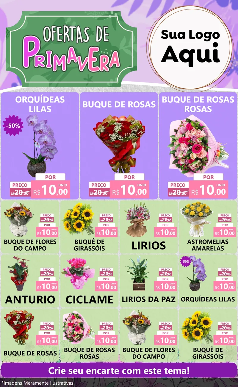 Modelo de Encarte para Encarte Grande com o tema Ofertas de Primavera para Floricultura e jardim