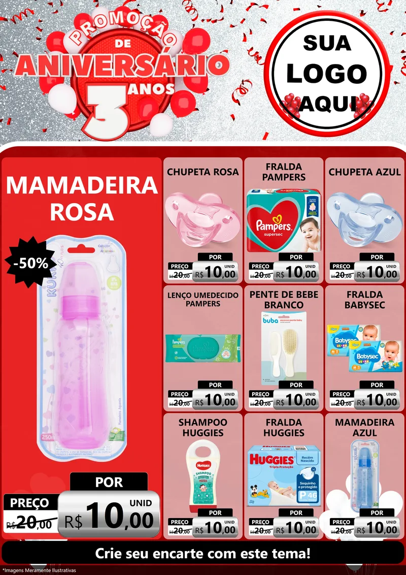 Modelo de Encarte para Encarte A4 Vertical com o tema Promoção de Aniversário - 3 Anos para Bebês
