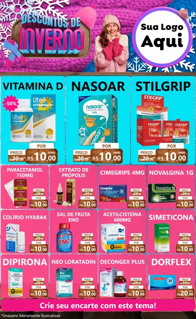 Modelo de Encarte para Encarte Grande com o tema Descontos de Inverno para Farmácia