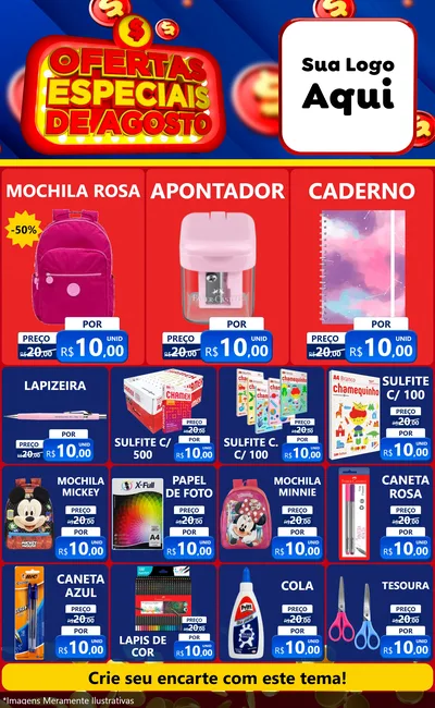 Modelo de Encarte para Encarte Grande com o tema Ofertas Especiais de Agosto para Papelaria