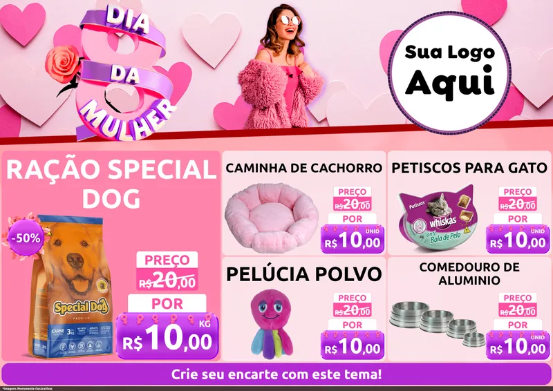 Modelo de Encarte para Encarte A4 Horizontal com o tema Dia da Mulher para Pet Shop