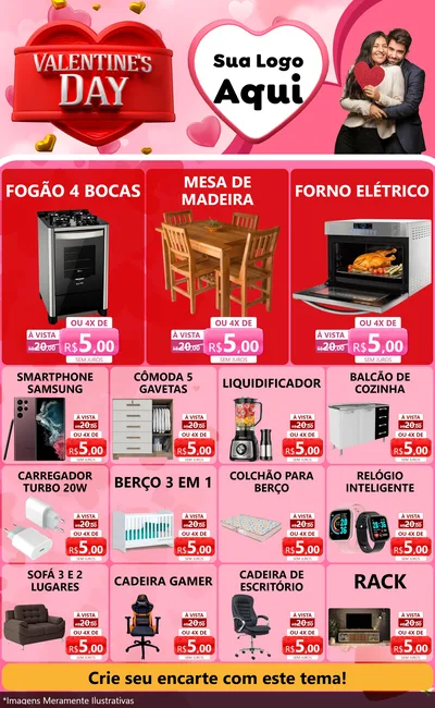 Modelo de Encarte para Encarte Grande com o tema Valentine's Day para Móveis e Eletro