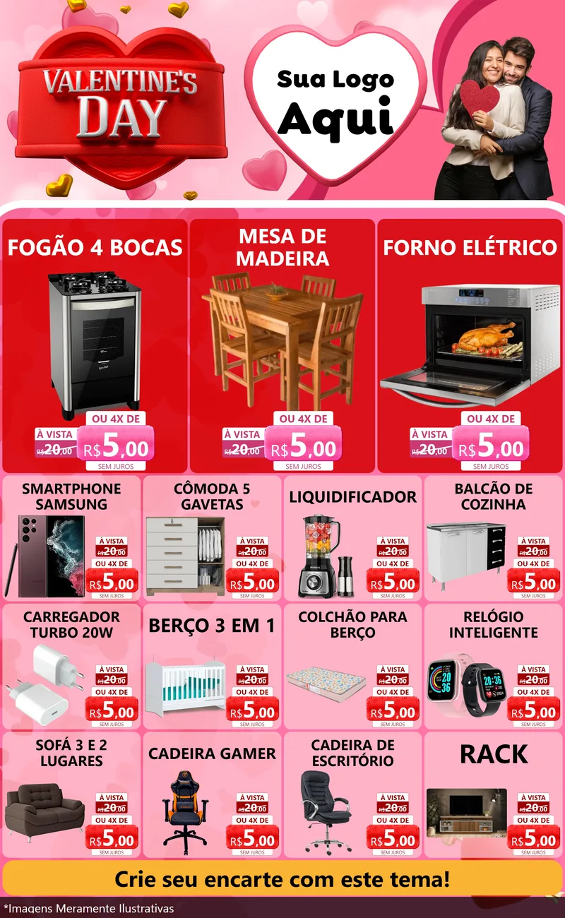 Modelo de Encarte para Encarte Grande com o tema Valentine's Day para Móveis e Eletro