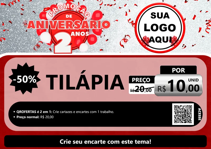 Modelo de Cartaz para Cartaz A4 Horizontal com o tema Promoção de Aniversário - 2 Anos para Peixaria