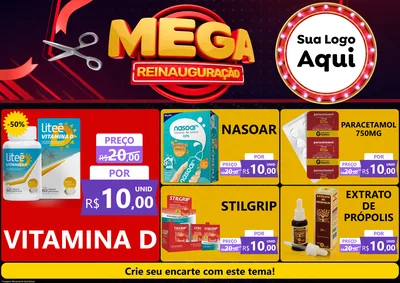 Modelo de Encarte para Encarte A4 Horizontal com o tema Mega Reinauguração para Farmácia
