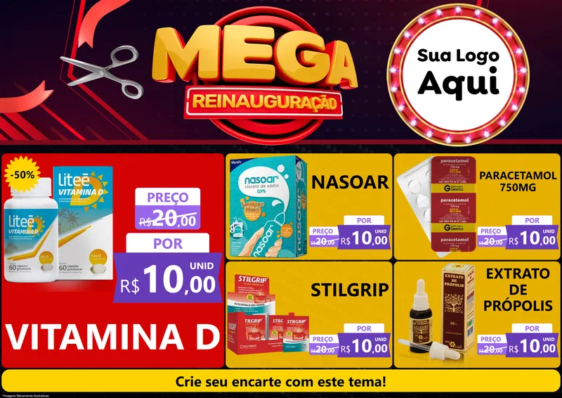 Modelo de Encarte para Encarte A4 Horizontal com o tema Mega Reinauguração para Farmácia